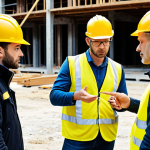 ** A busy construction site with a safety engineer actively interacting with workers, inspecting equipment, and pointing out potential hazards. Focus on teamwork and practical application of safety regulations.

**