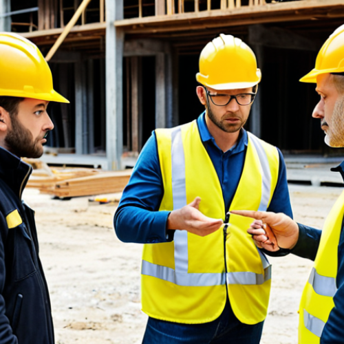 Home 4 ** A busy construction site with a safety engineer actively interacting with workers, inspecting equipment, and pointing out potential hazards. Focus on teamwork and practical application of safety regulations.
**