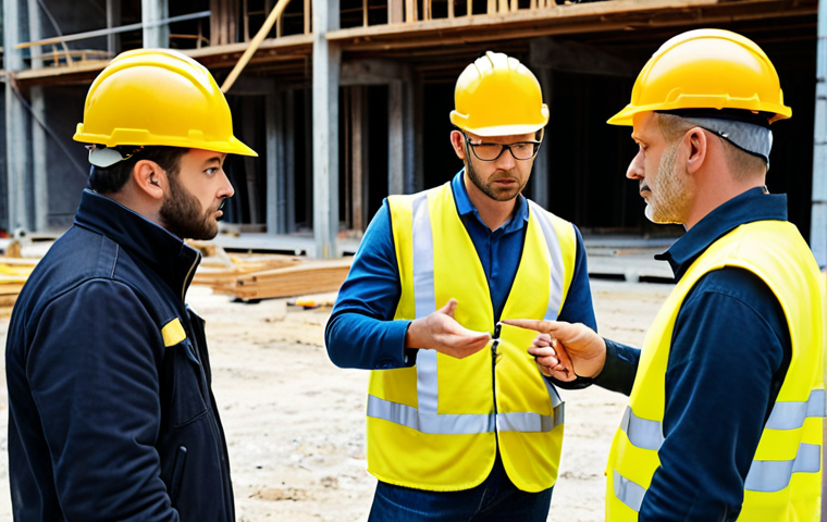 ** A busy construction site with a safety engineer actively interacting with workers, inspecting equipment, and pointing out potential hazards. Focus on teamwork and practical application of safety regulations.
**