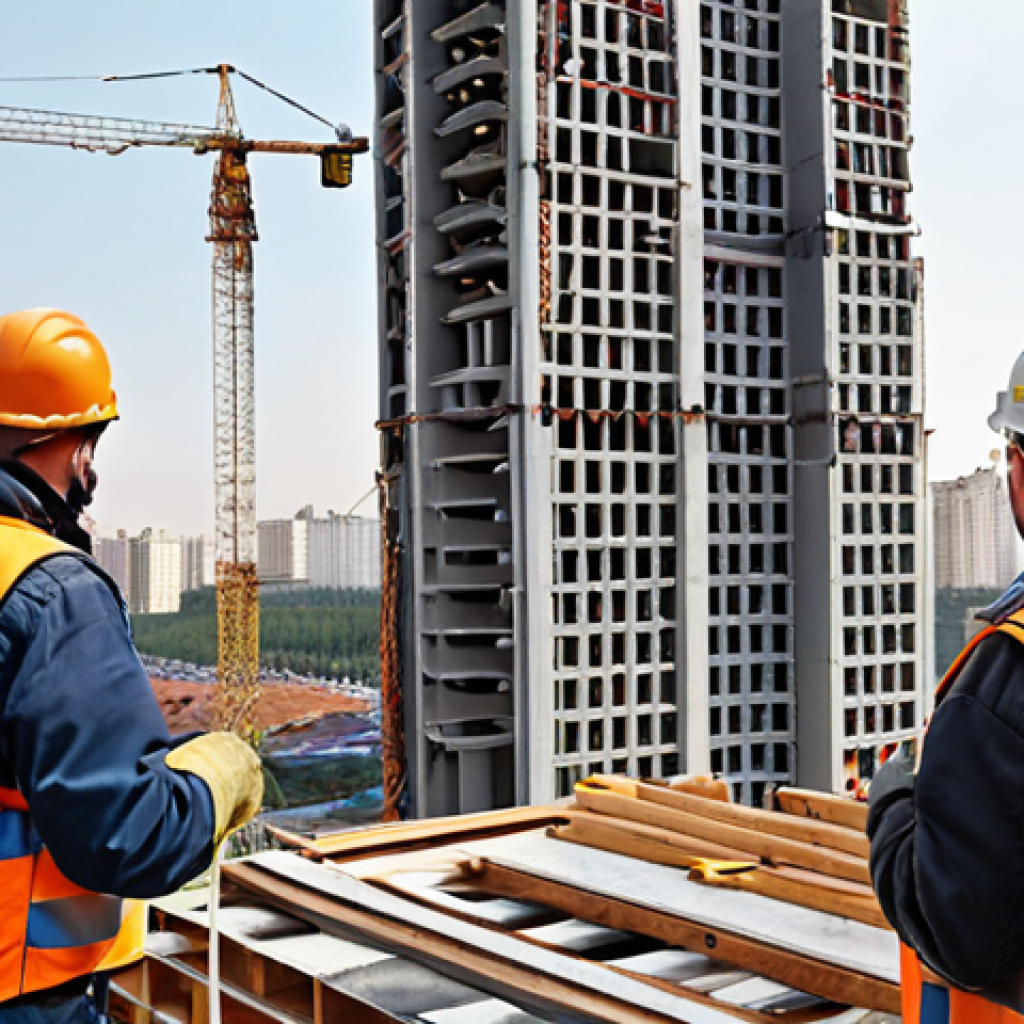 **

A bustling construction site in Moscow, focusing on workers wearing appropriate safety gear (helmets, harnesses). The scene highlights adherence to safety regulations for working at height. In the background, modern high-rise buildings under construction. Focus on realistic detail and accurate representation of Russian construction practices.

**