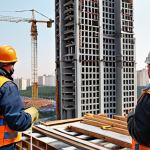 **

A bustling construction site in Moscow, focusing on workers wearing appropriate safety gear (helmets, harnesses). The scene highlights adherence to safety regulations for working at height. In the background, modern high-rise buildings under construction. Focus on realistic detail and accurate representation of Russian construction practices.

**