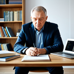 A professional, mature Russian man, Ivan Petrovich, fully clothed in a modest, dark business casual blazer and collared shirt, sits focused at a sleek, modern desk in a sunlit home office. He is looking intently at a laptop screen displaying a 3D building model and a beginner's online course interface for drone operation. The background shows blurred bookshelves and a potted plant, creating a calm learning environment. His hands are resting naturally on the desk, indicating deep concentration and intellectual curiosity. Professional photography, high resolution, soft lighting, natural body proportions, perfect anatomy, well-formed hands, correct finger count, safe for work, appropriate content, modest, family-friendly.