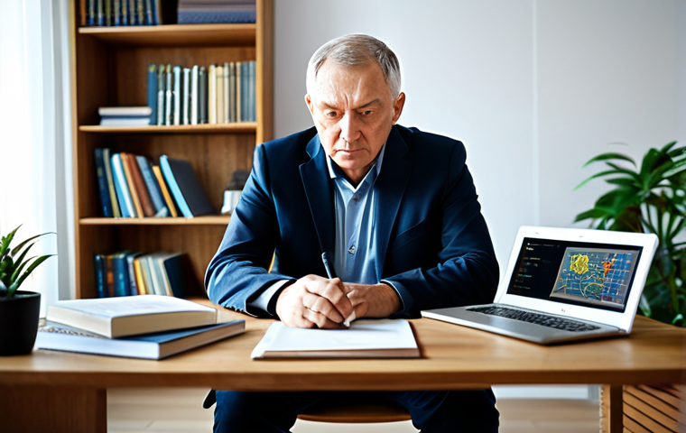 A professional, mature Russian man, Ivan Petrovich, fully clothed in a modest, dark business casual blazer and collared shirt, sits focused at a sleek, modern desk in a sunlit home office. He is looking intently at a laptop screen displaying a 3D building model and a beginner's online course interface for drone operation. The background shows blurred bookshelves and a potted plant, creating a calm learning environment. His hands are resting naturally on the desk, indicating deep concentration and intellectual curiosity. Professional photography, high resolution, soft lighting, natural body proportions, perfect anatomy, well-formed hands, correct finger count, safe for work, appropriate content, modest, family-friendly.