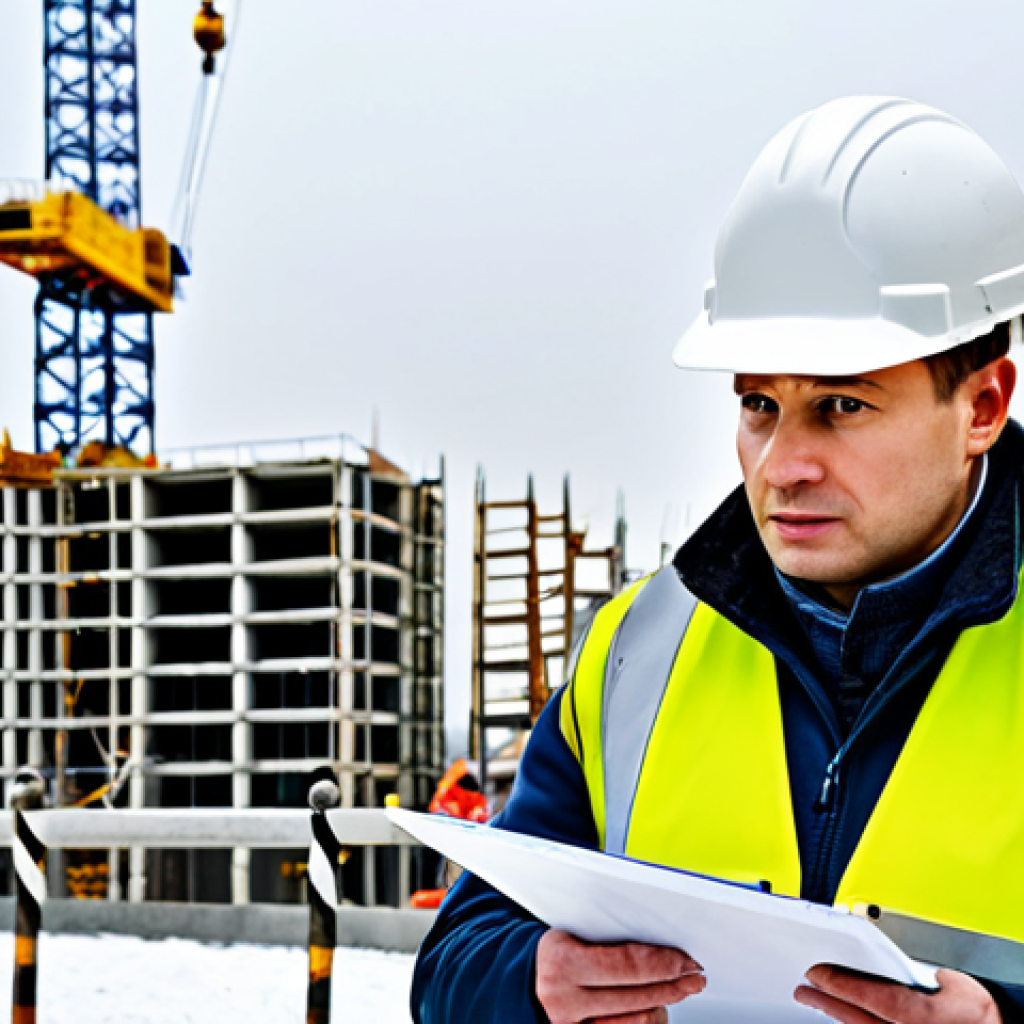 Construction Site Safety Inspection**

"A safety engineer, fully clothed in professional attire, inspecting a construction site in Moscow during winter. He's wearing a hard hat and a high-visibility vest, holding a clipboard. Background shows typical construction equipment (crane, scaffolding) with workers also fully clothed and wearing safety gear. Focus on detail and accuracy. Perfect anatomy, correct proportions, safe for work, appropriate content, professional, modest, family-friendly, high quality."

**