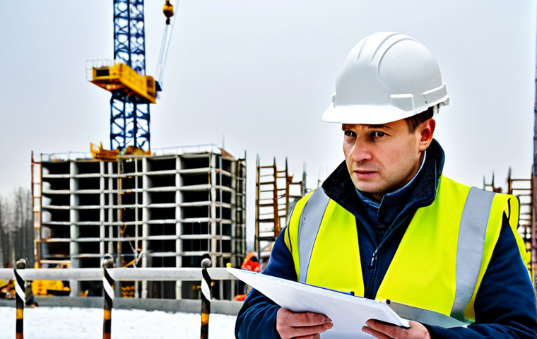 Construction Site Safety Inspection**

"A safety engineer, fully clothed in professional attire, inspecting a construction site in Moscow during winter. He's wearing a hard hat and a high-visibility vest, holding a clipboard. Background shows typical construction equipment (crane, scaffolding) with workers also fully clothed and wearing safety gear. Focus on detail and accuracy. Perfect anatomy, correct proportions, safe for work, appropriate content, professional, modest, family-friendly, high quality."

**