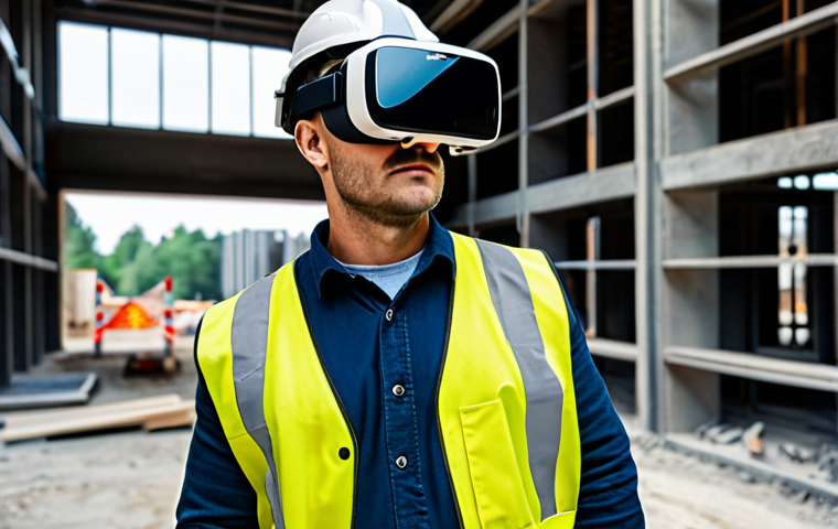 건설안전관리와 관련된 최신 기술 - Smart PPE in Use**

"A construction worker wearing a high-tech exoskeleton and a smart hardhat, lift...