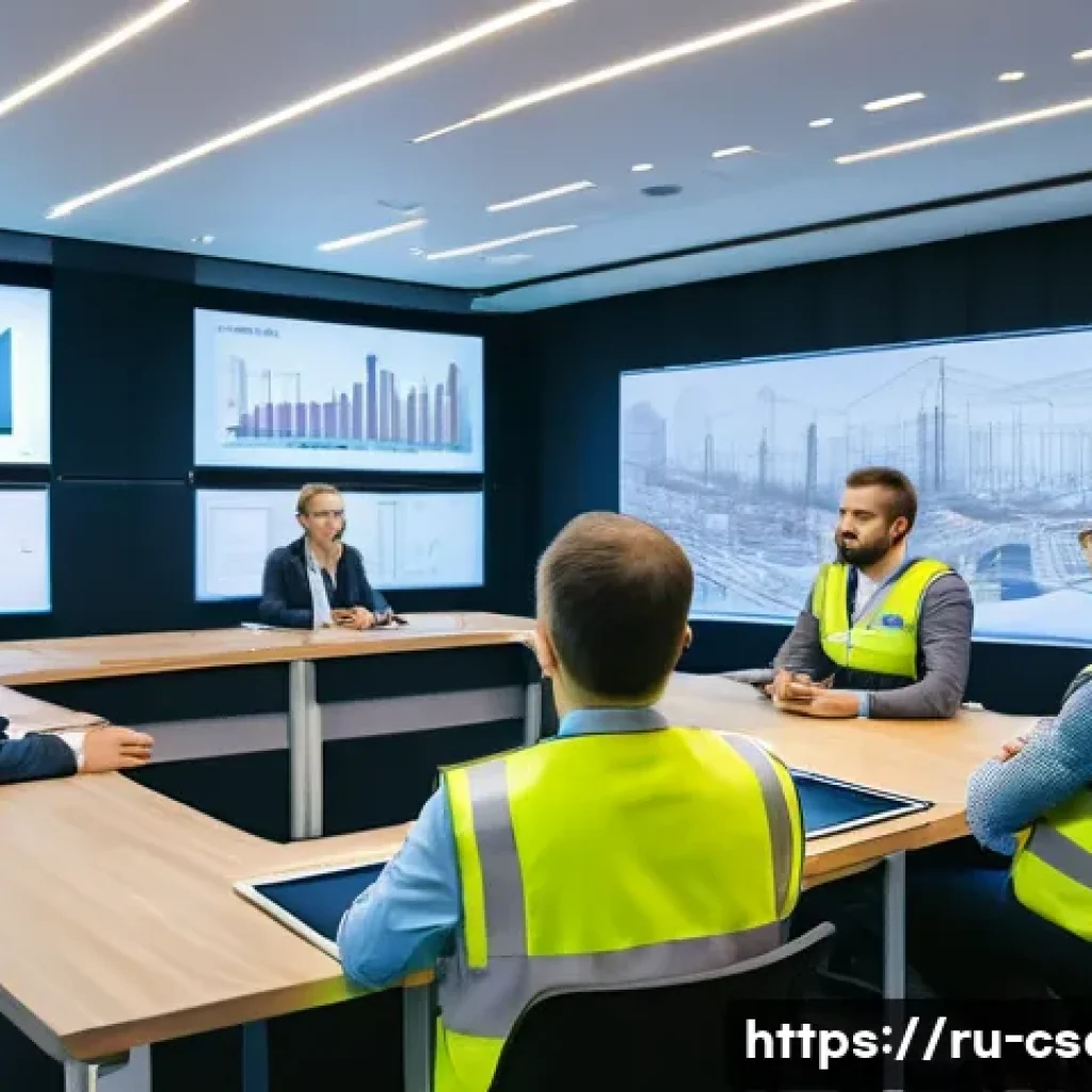 건설안전기사와 관련된 산업협회 정보 - A professional construction safety seminar in a modern conference room in Moscow, featuring a divers...