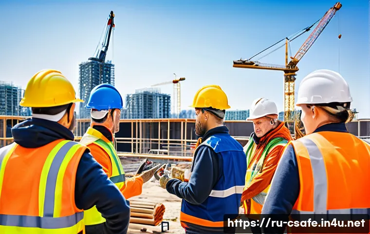 건설안전 실무자의 학습 동기 부여 사례 - A dynamic construction site training session featuring a diverse group of adult construction workers...