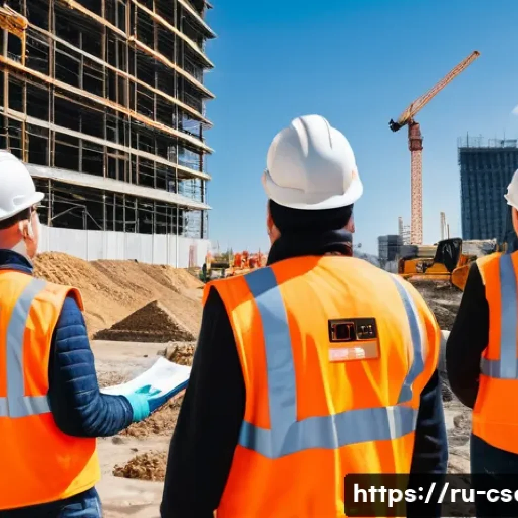 건설현장 위험성 평가 방법 - A detailed construction site scene featuring workers wearing proper personal protective equipment in...