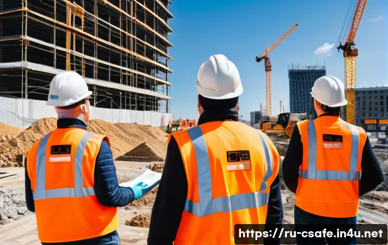 건설현장 위험성 평가 방법 - A detailed construction site scene featuring workers wearing proper personal protective equipment in...