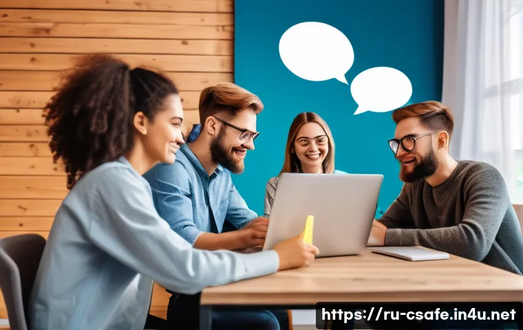 건설안전기사 시험을 위한 온라인 커뮤니티 - A modern online study community scene showing diverse Russian-speaking adults in casual clothing act...