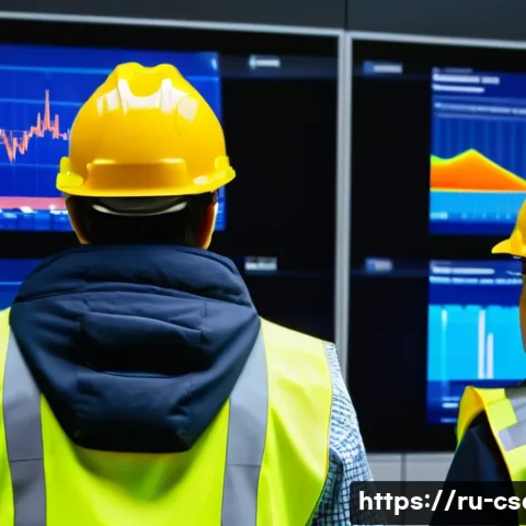 건설안전 실무에서 사용하는 소프트웨어 - A high-tech construction site control room with multiple large digital dashboards displaying real-ti...