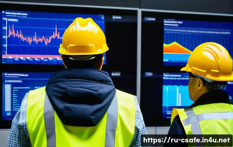 건설안전 실무에서 사용하는 소프트웨어 - A high-tech construction site control room with multiple large digital dashboards displaying real-ti...