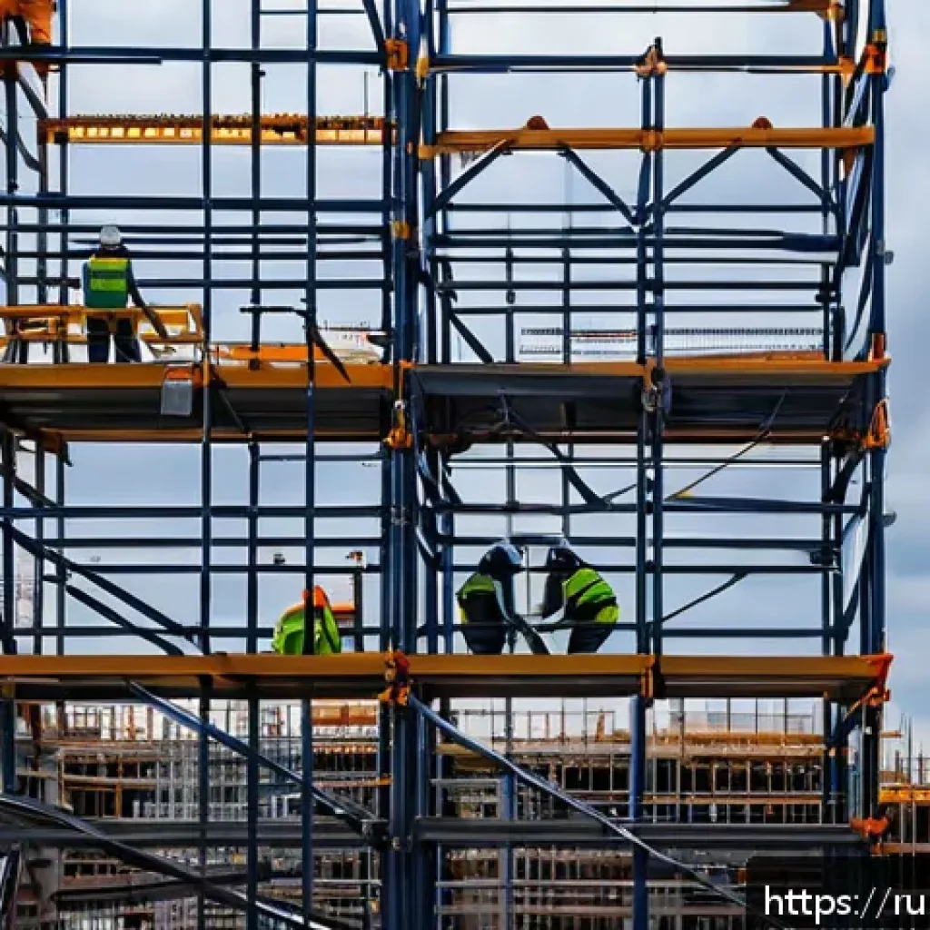 건설현장에서 발생한 위험요소 분석 - A detailed construction site scene in Russia featuring workers wearing certified safety harnesses an...
