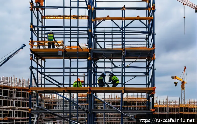 건설현장에서 발생한 위험요소 분석 - A detailed construction site scene in Russia featuring workers wearing certified safety harnesses an...