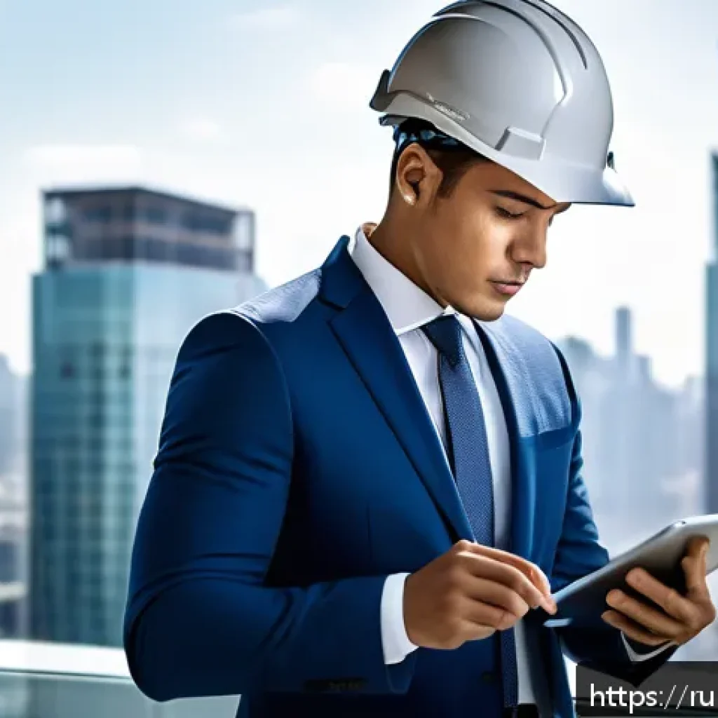 건설안전기사 연봉 협상 전략 - A professional construction safety engineer in a modern urban office setting, wearing a smart busine...