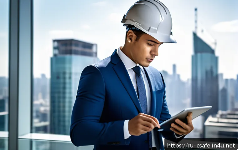 건설안전기사 연봉 협상 전략 - A professional construction safety engineer in a modern urban office setting, wearing a smart busine...