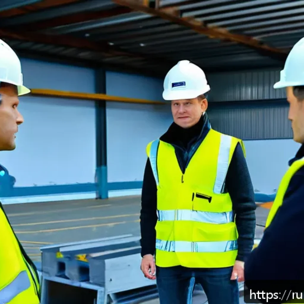 건설안전기사 수험생의 추천 학습법 - A detailed scene of a construction safety training session in Russia, showing diverse adult workers ...