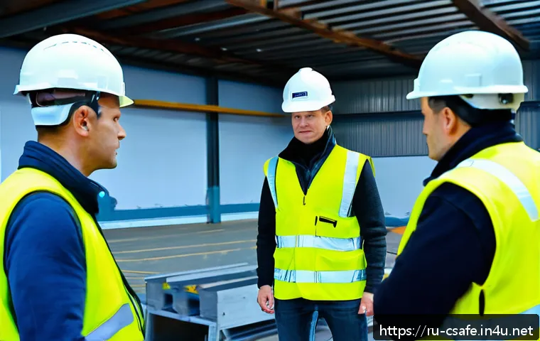 건설안전기사 수험생의 추천 학습법 - A detailed scene of a construction safety training session in Russia, showing diverse adult workers ...