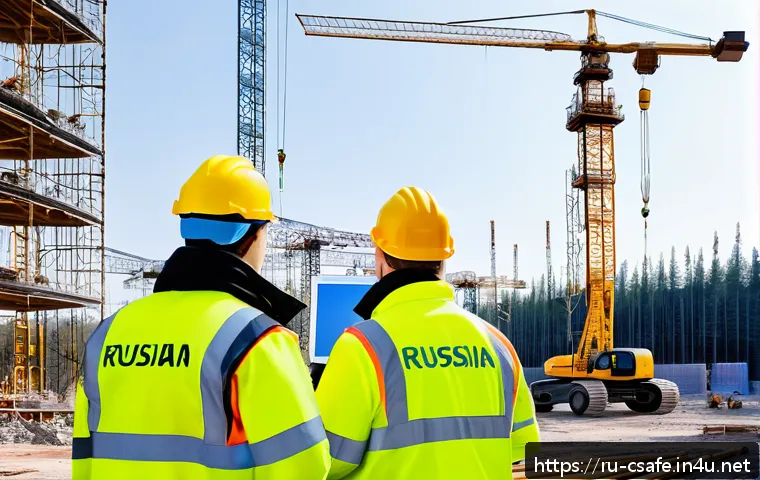 건설안전기사 자격증으로 다양한 직무 경험 - A modern Russian construction site scene during daytime with workers wearing full safety gear includ...