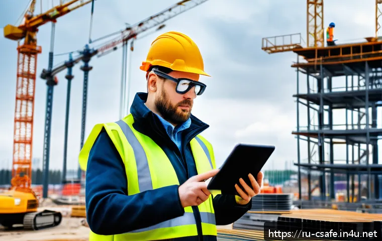 건설안전기사로 성공한 전문가 인터뷰 - A professional construction safety specialist conducting a site inspection on a modern Russian const...
