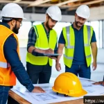 Home 18 건설안전기사 스터디 운영 방법 - A diverse group of construction workers wearing safety helmets, reflective vests, and work boots gat...