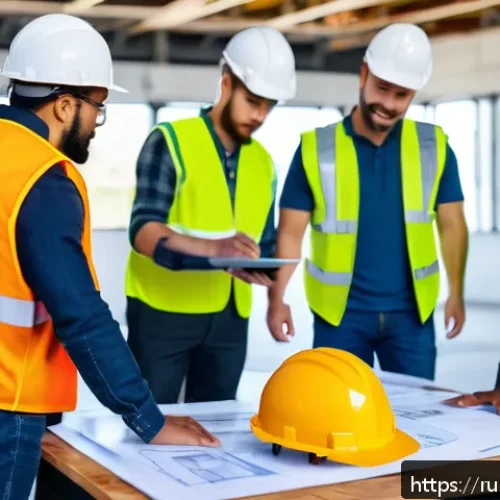 Home 30 건설안전기사 스터디 운영 방법 - A diverse group of construction workers wearing safety helmets, reflective vests, and work boots gat...