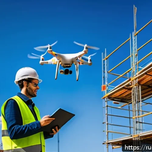 Home 17 건설안전기사 자격증의 미래 전망 - A modern construction site scene featuring a professional safety engineer operating a drone equipped...