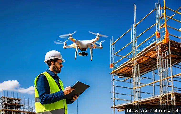 건설안전기사 자격증의 미래 전망 - A modern construction site scene featuring a professional safety engineer operating a drone equipped...
