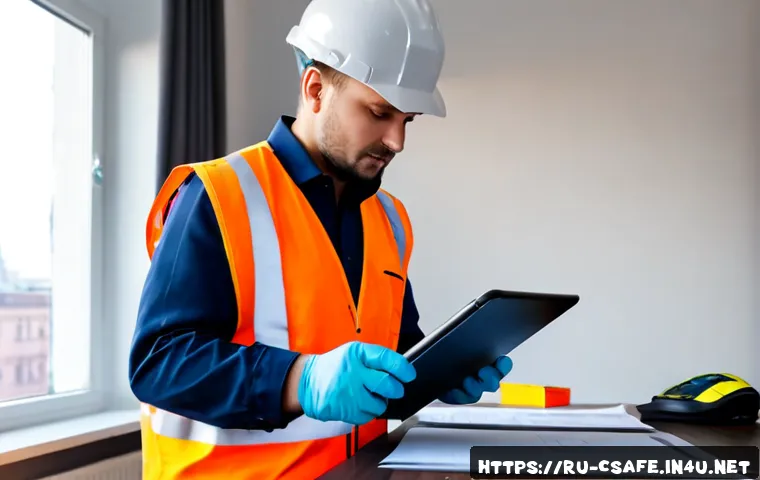 Home 17 건설안전기사 이직 준비 체크리스트 - Photorealistic Russian construction safety engineer preparing for a career change at a tidy apartmen...