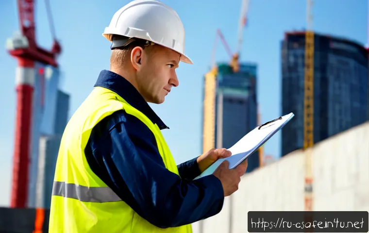 Home 17 건설안전기사 직무별 연봉 차이 - Photorealistic editorial scene of a Russian construction safety engineer in clean high-visibility wo...