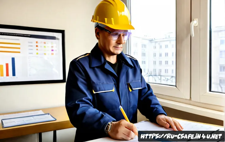 Home 30 건설안전기사 합격률 분석 및 전망 - Photorealistic Russian construction safety certification study scene, mature engineer in clean workw...