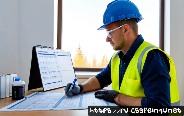 Home 17 건설안전기사 시험 일정 및 준비 요령 - Photorealistic Russian construction safety certification preparation scene, middle-aged worker in cl...