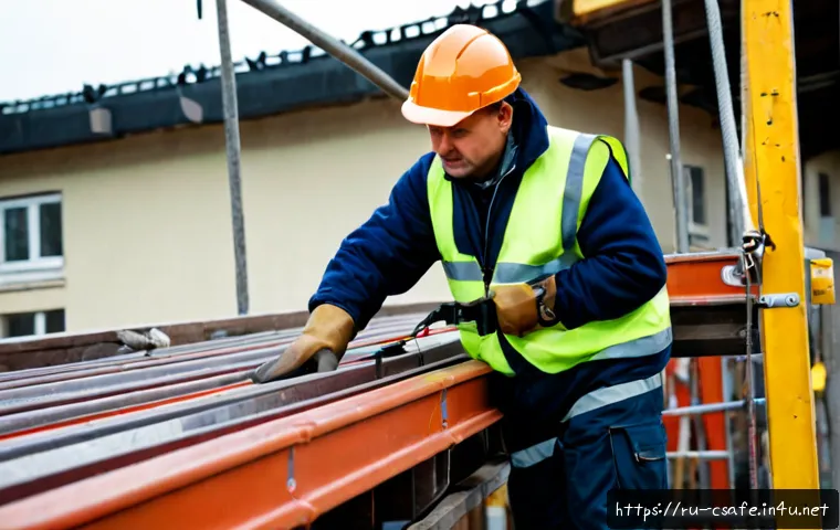 건설안전에서 자주 접하는 사고 유형 - Photorealistic construction site safety scene in Russia, a middle-aged worker wearing a hard hat, re...