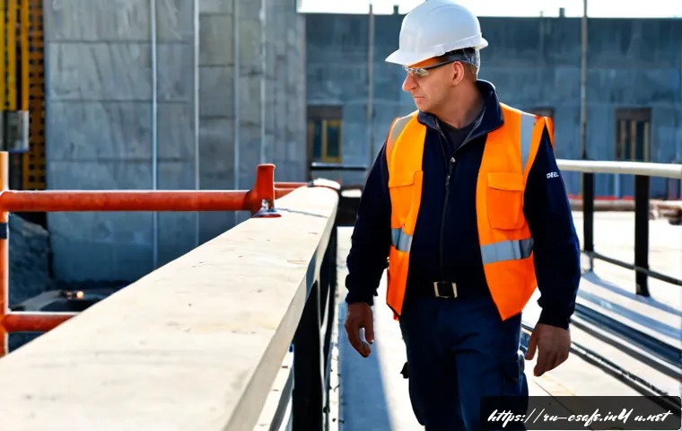 건설안전관리와 환경관리의 차이 - Photorealistic Russian construction site safety inspection, middle-aged site supervisor in clean hig...